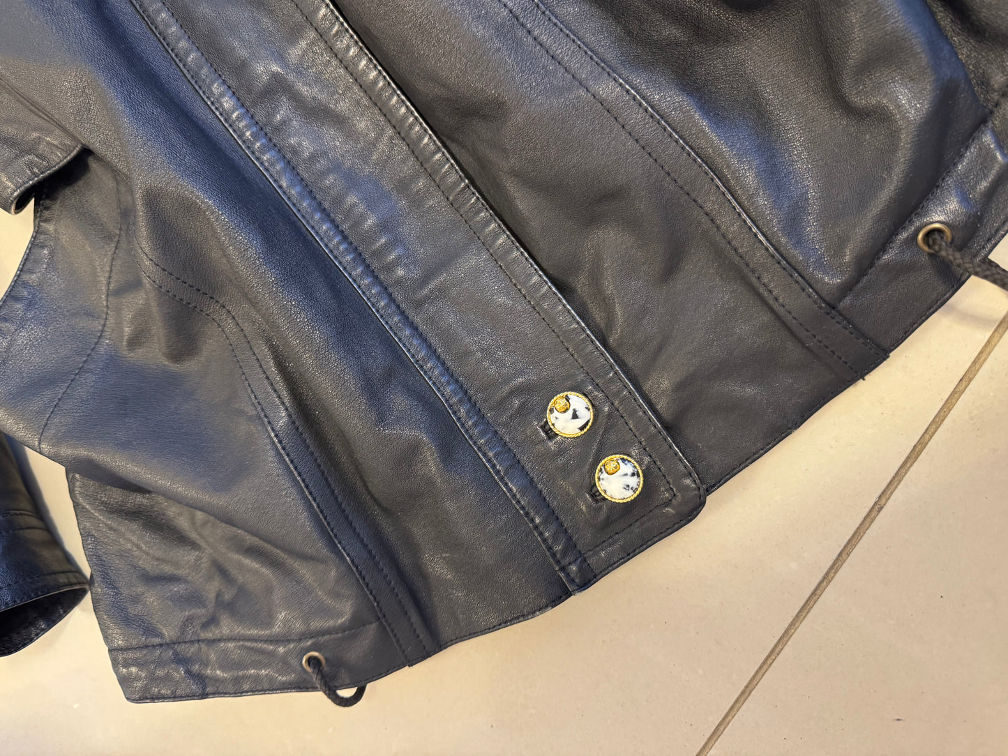 Vintage Black Leather Cinched Waist Jacket with Gold Button Details