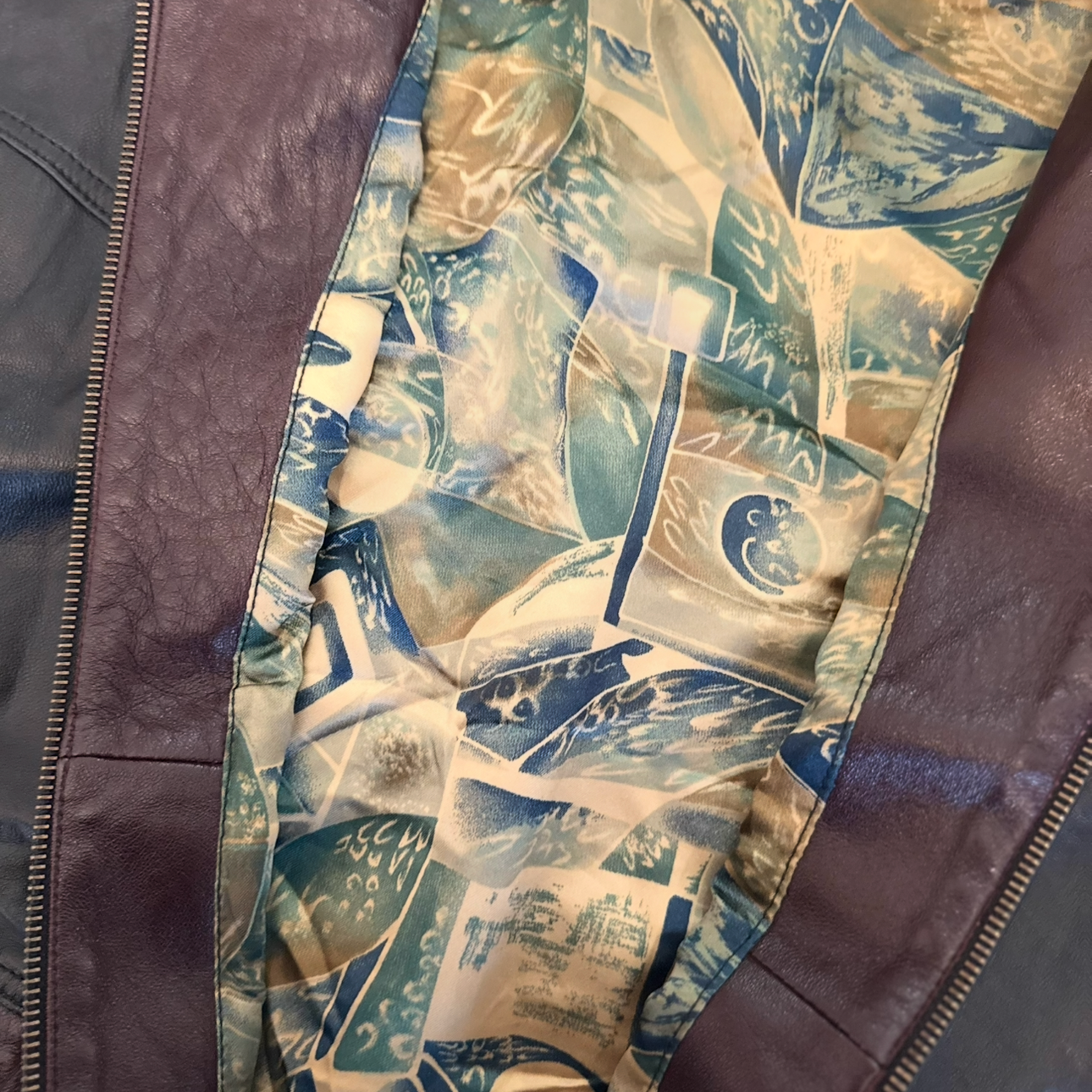 Vintage Two-Tone Leather Vest with Graphic Statement Lining