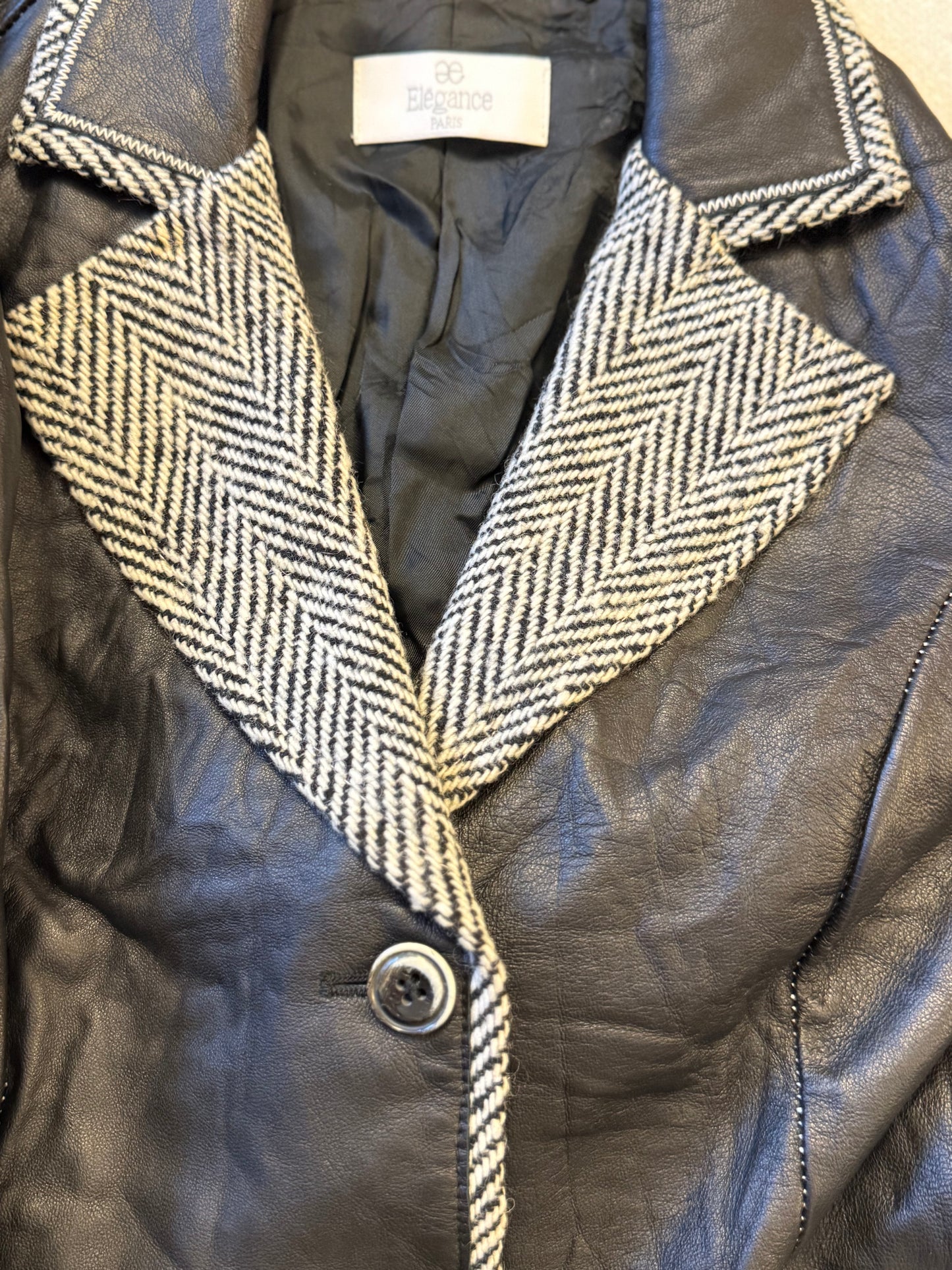 Vintage Black Leather Blazer with Herringbone Tweed Trim