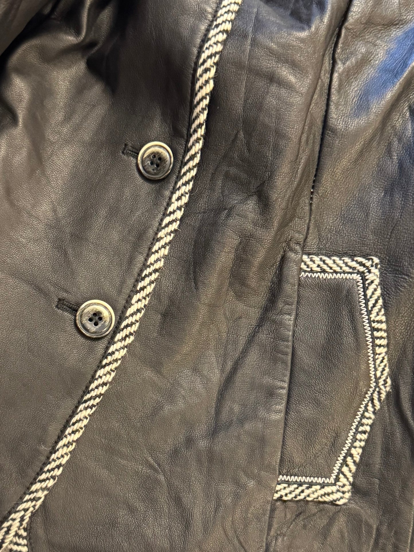 Vintage Black Leather Blazer with Herringbone Tweed Trim