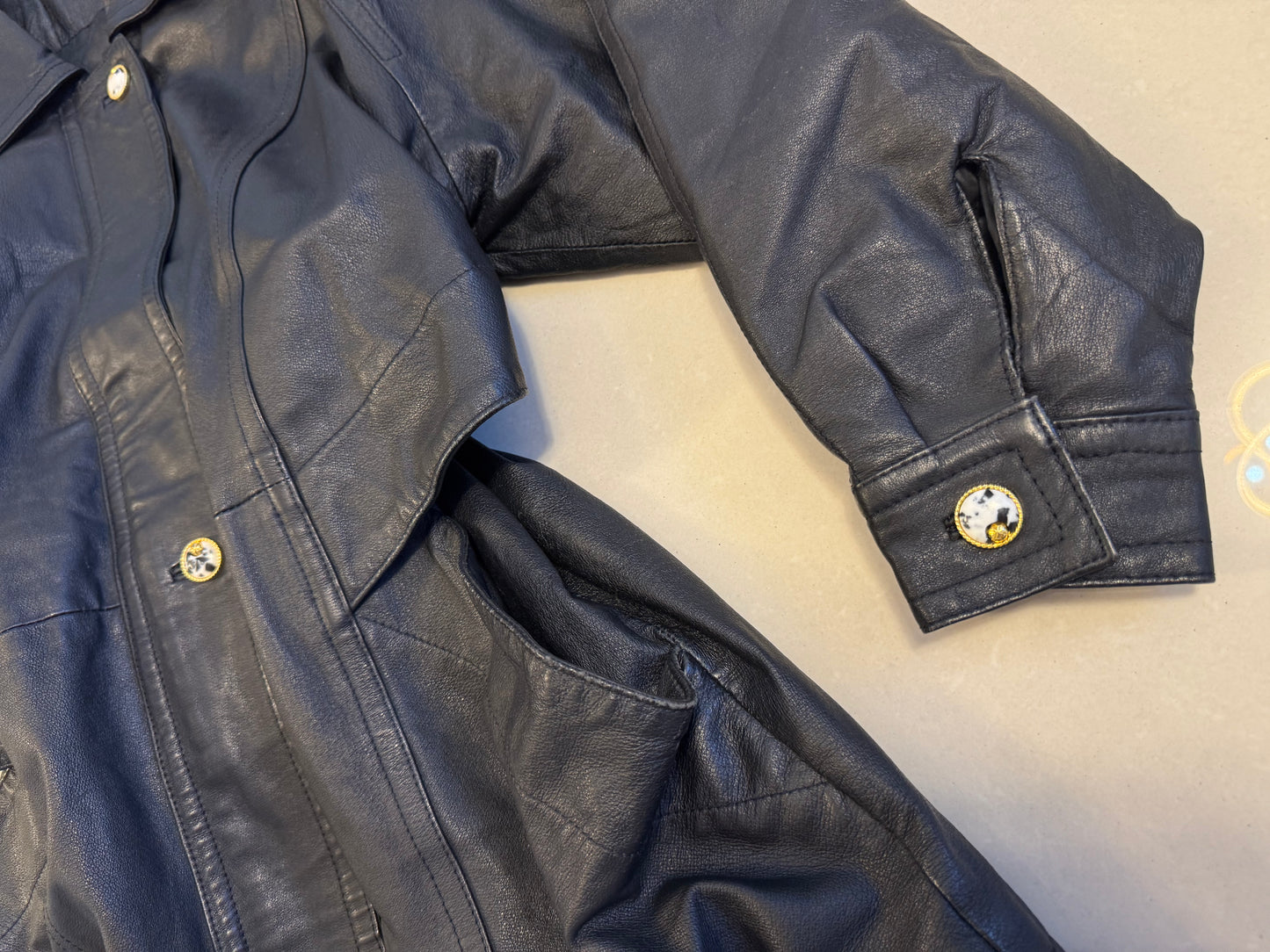 Vintage Black Leather Cinched Waist Jacket with Gold Button Details