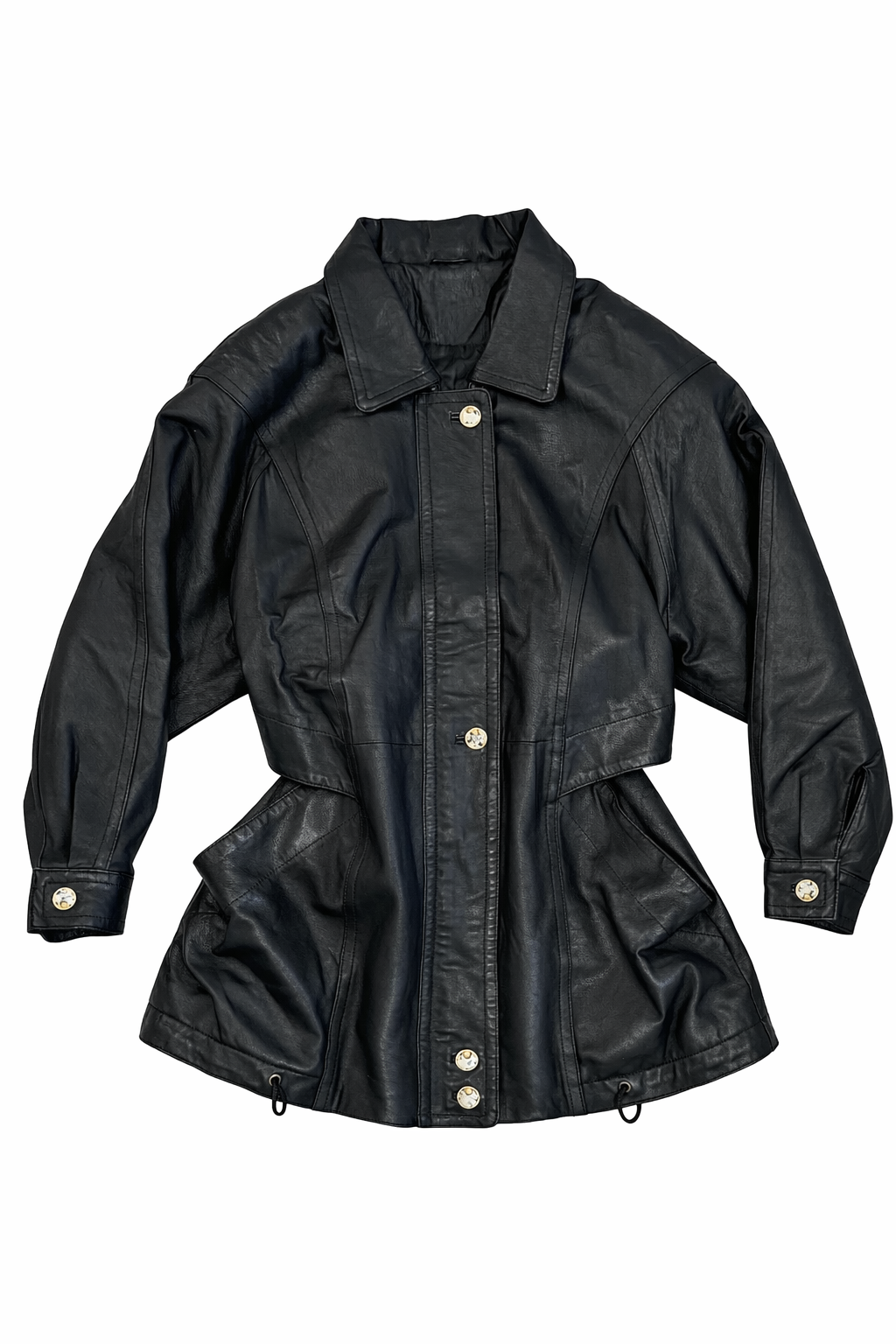Vintage Black Leather Cinched Waist Jacket with Gold Button Details