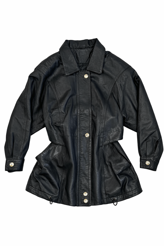 Vintage Black Leather Cinched Waist Jacket with Gold Button Details