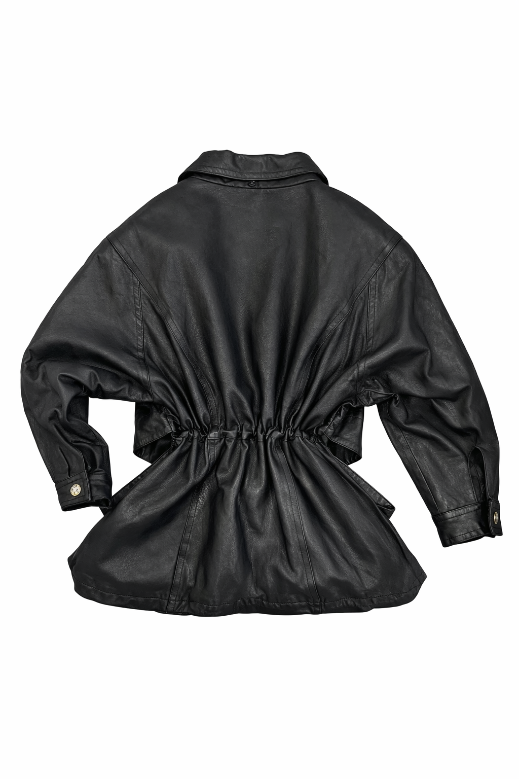 Vintage Black Leather Cinched Waist Jacket with Gold Button Details