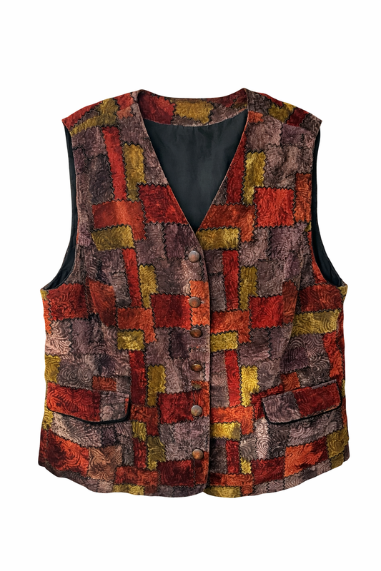 Vintage Patchwork Print Button-Up Vest in Earth Tones