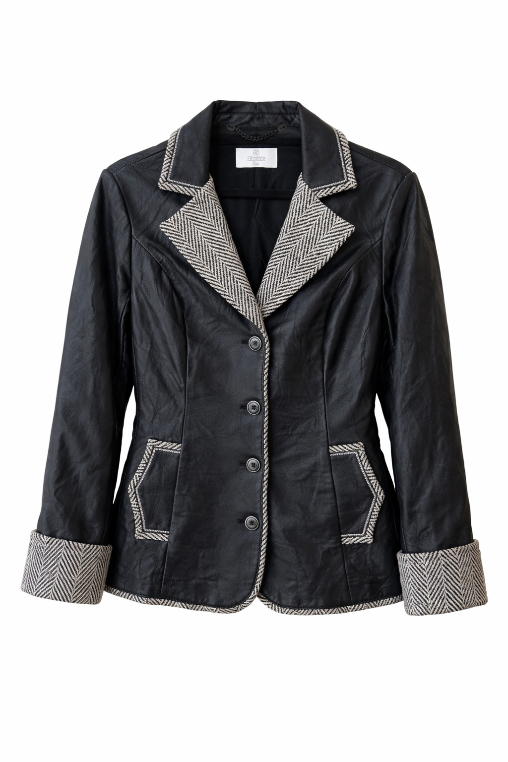 Vintage Black Leather Blazer with Herringbone Tweed Trim