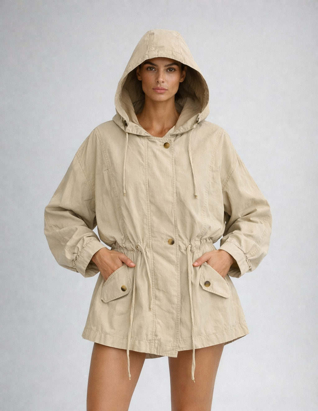 Fleet Street Vintage Beige Hooded Utility Jacket Dress