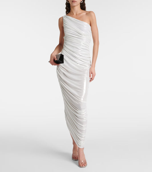 Norma Kamali White One-Shoulder Ruched Gown