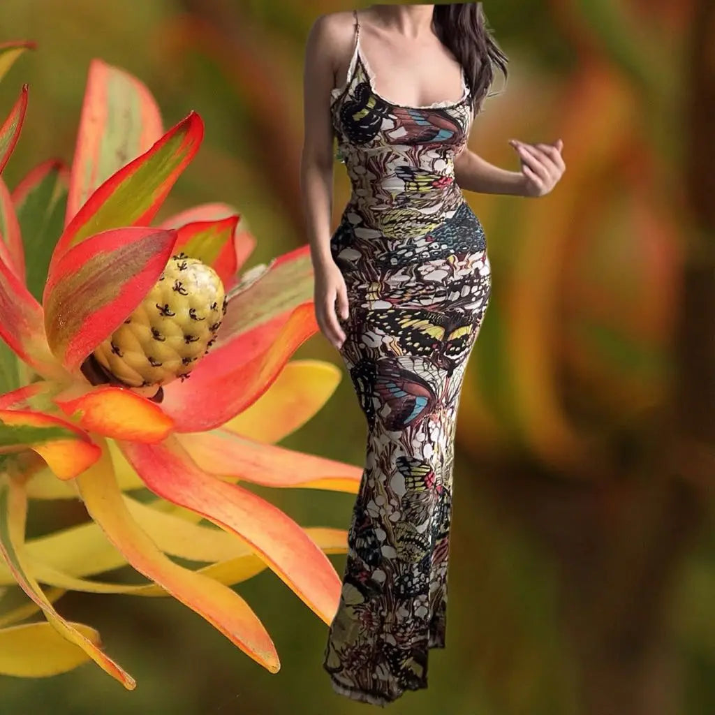 Jean Paul Gaultier Butterfly Maxi Dress with Lace Up