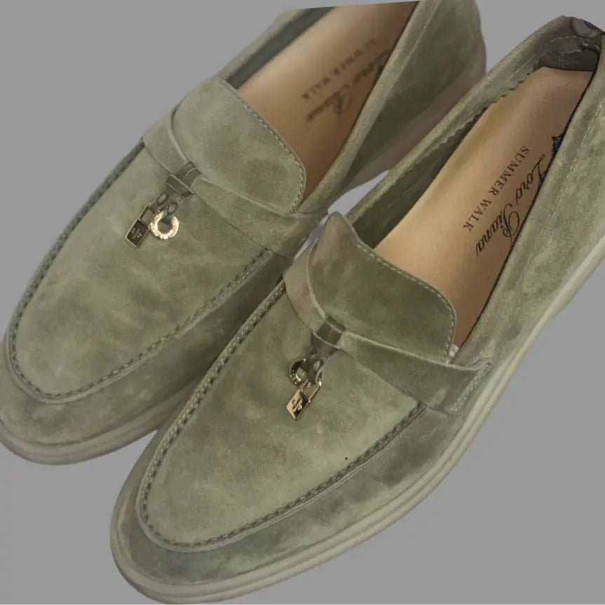 Loro Piana Army Grey Summer Charms Moccasin Loafer