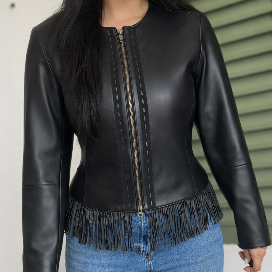 Vintage Black Leather Fringe Jacket