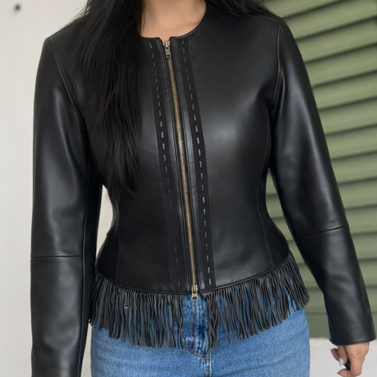 Vintage Black Leather Fringe Jacket