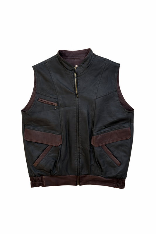 Vintage Two-Tone Leather Vest with Graphic Statement Lining